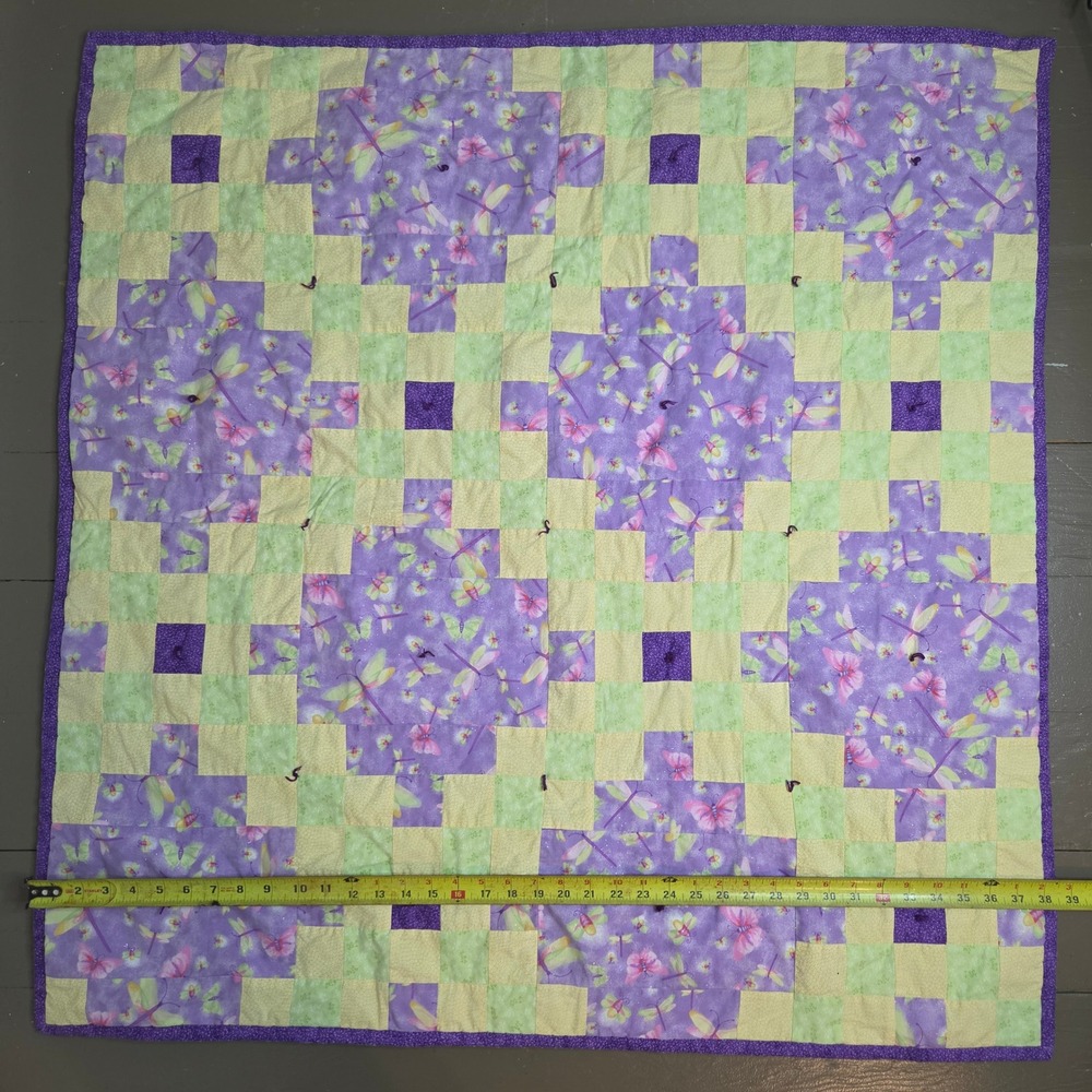 Handmade Patchwork Baby Quilt Purple Green Dragonfly Butterfly Floral 38x39